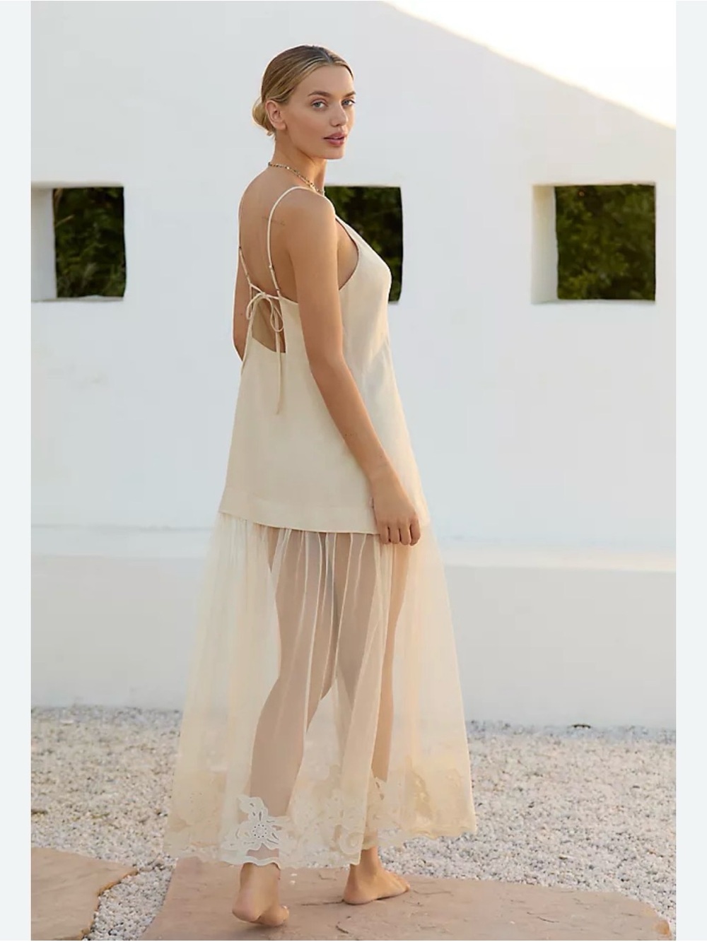Anthropology Celandie M cream linen lace trim sheer bottom coastal maxi dress - Picture 3 of 16